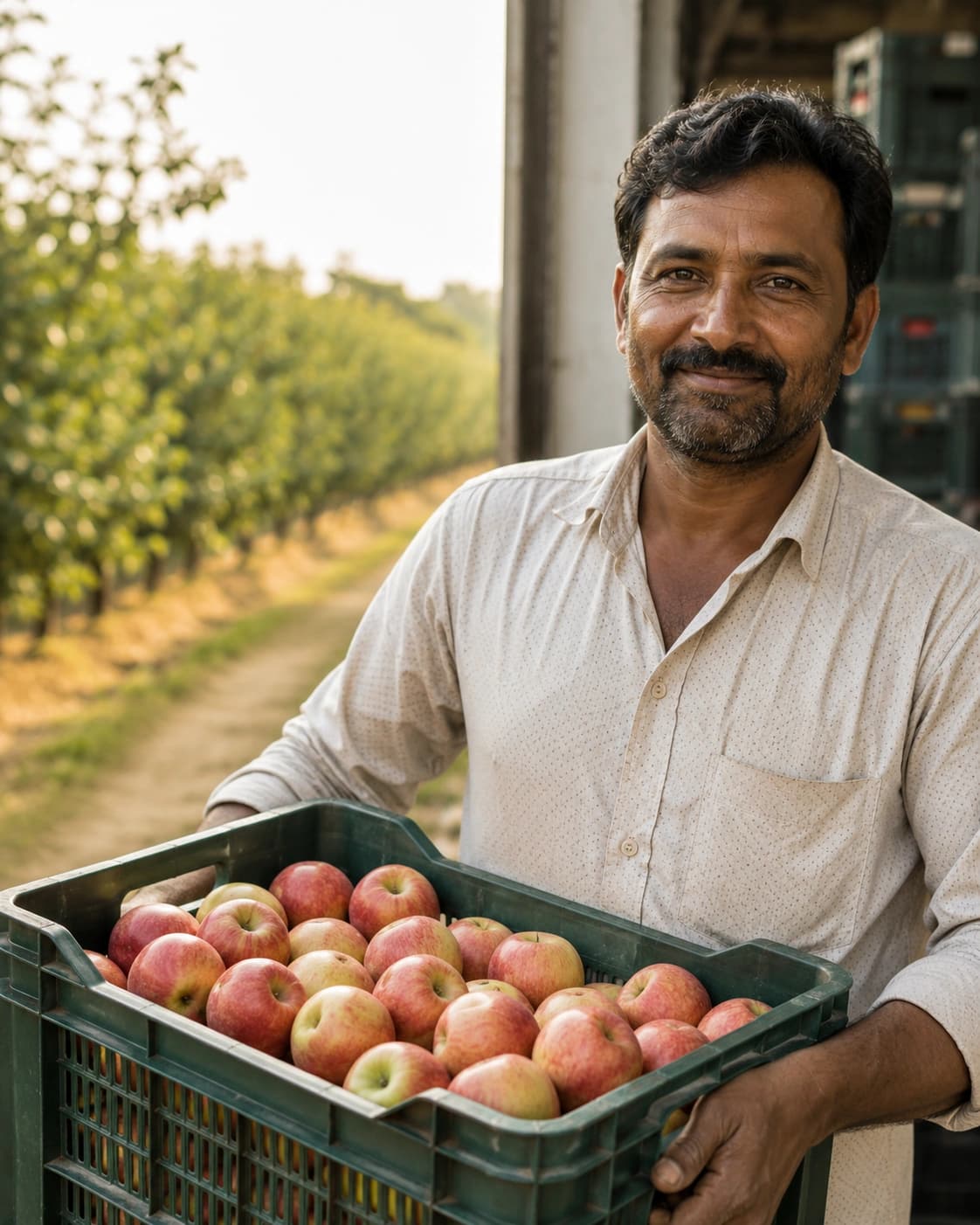 A farmer with a crate of freshly graded apples