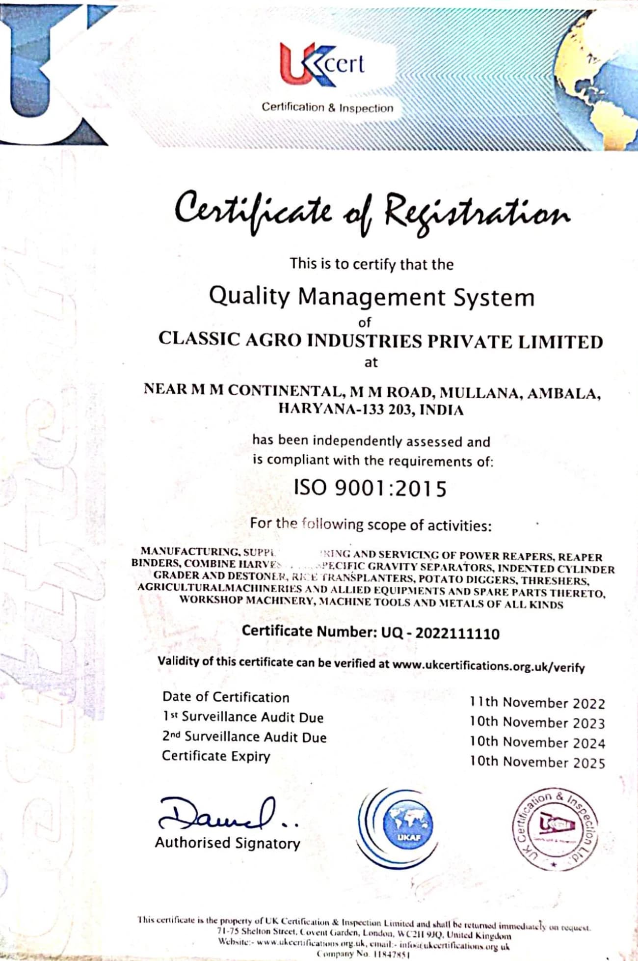 ISO 9001:2015 Quality Management System certificate of registration