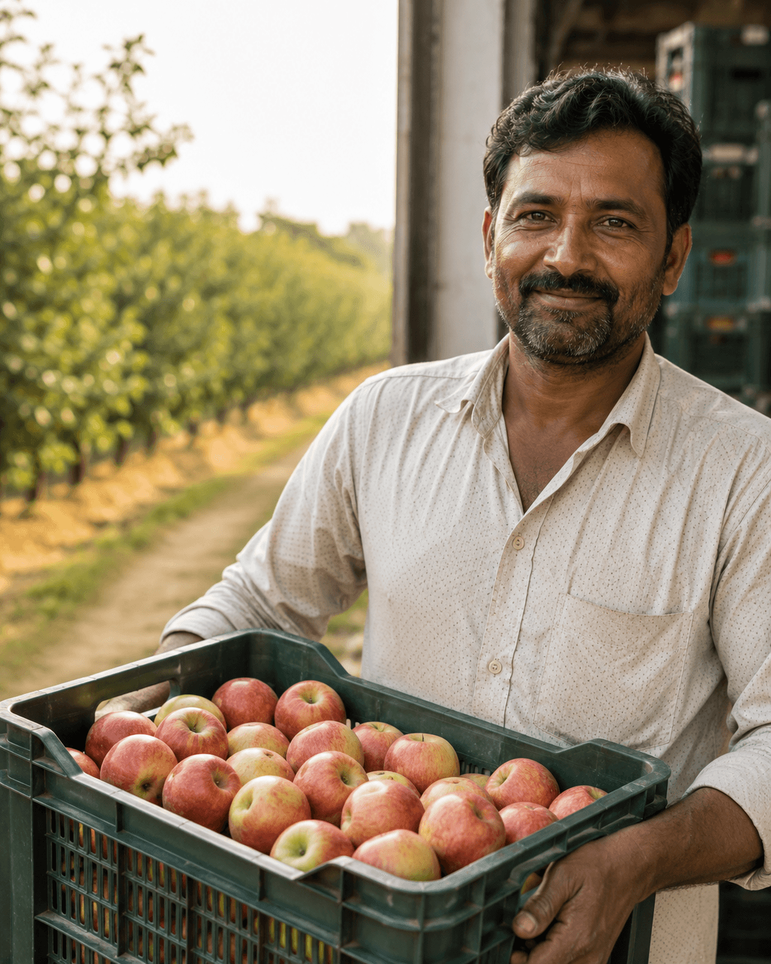 A farmer with a crate of freshly graded apples