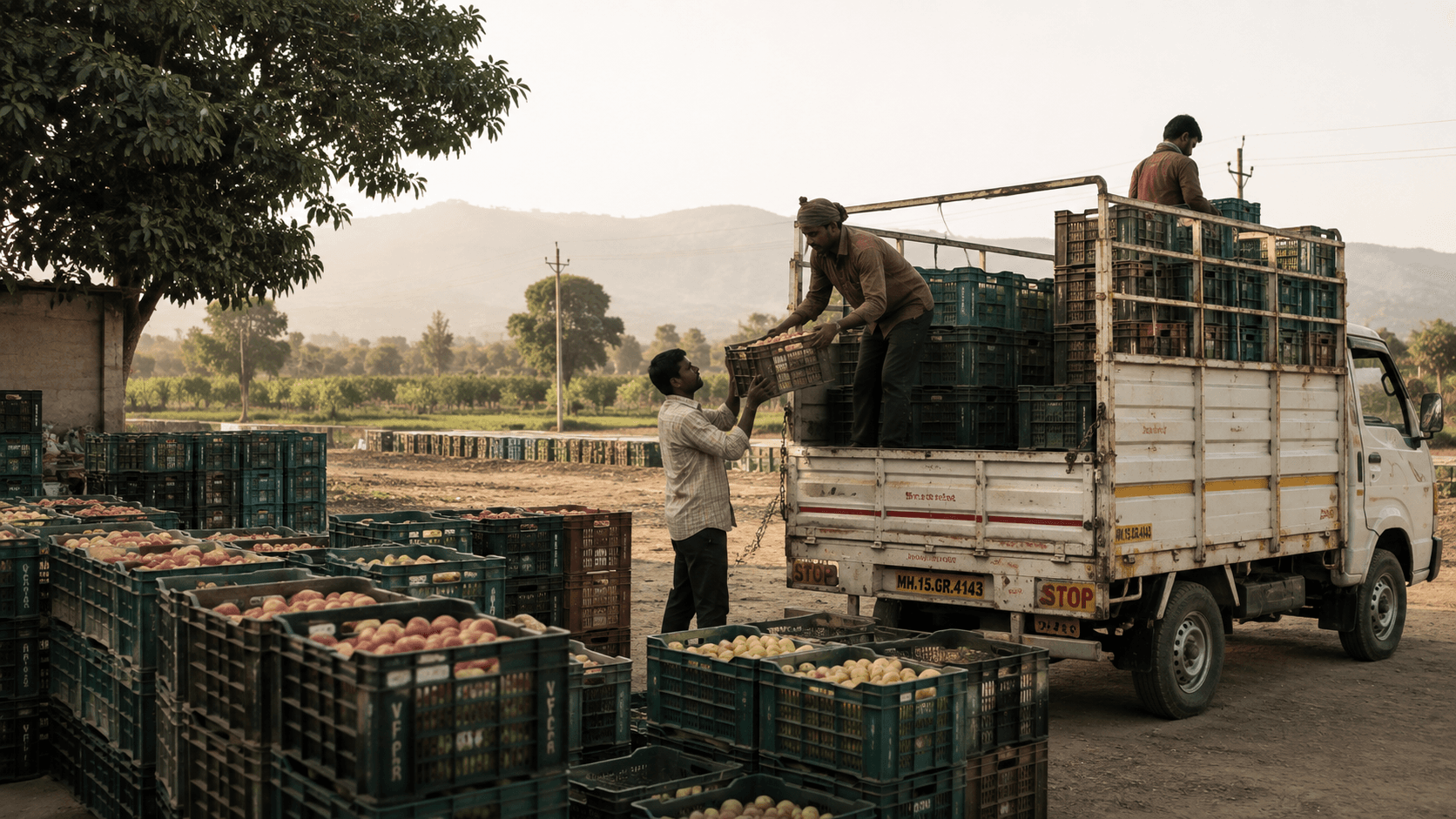 Workers loading crates of freshly graded apples for dispatch